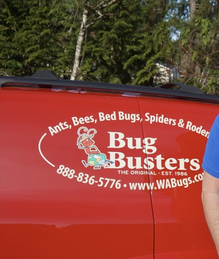 Bug Busters red service van with oval decal